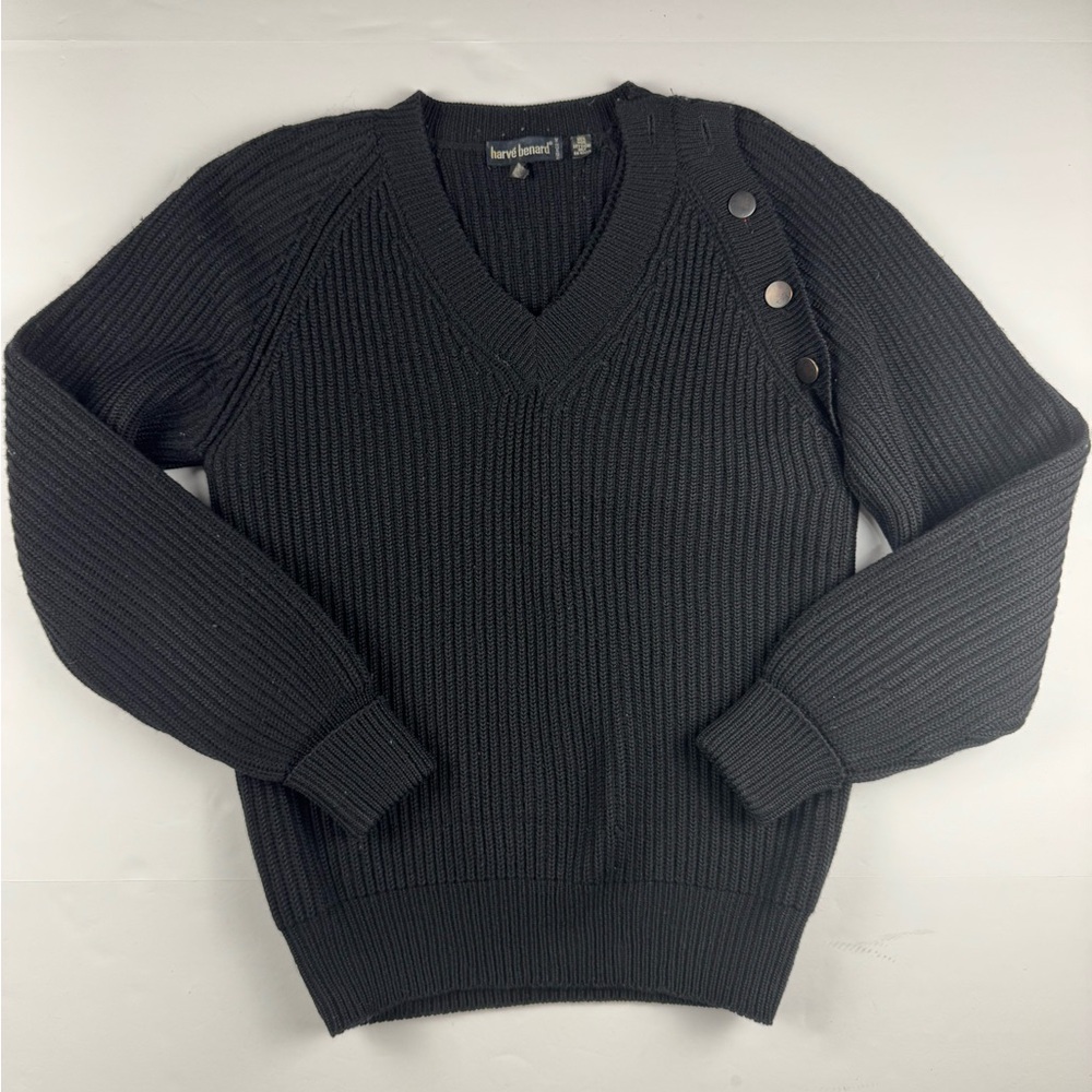 Harve Benard Black V-Neck 100% Wool Sweater with Button Details thick medium
